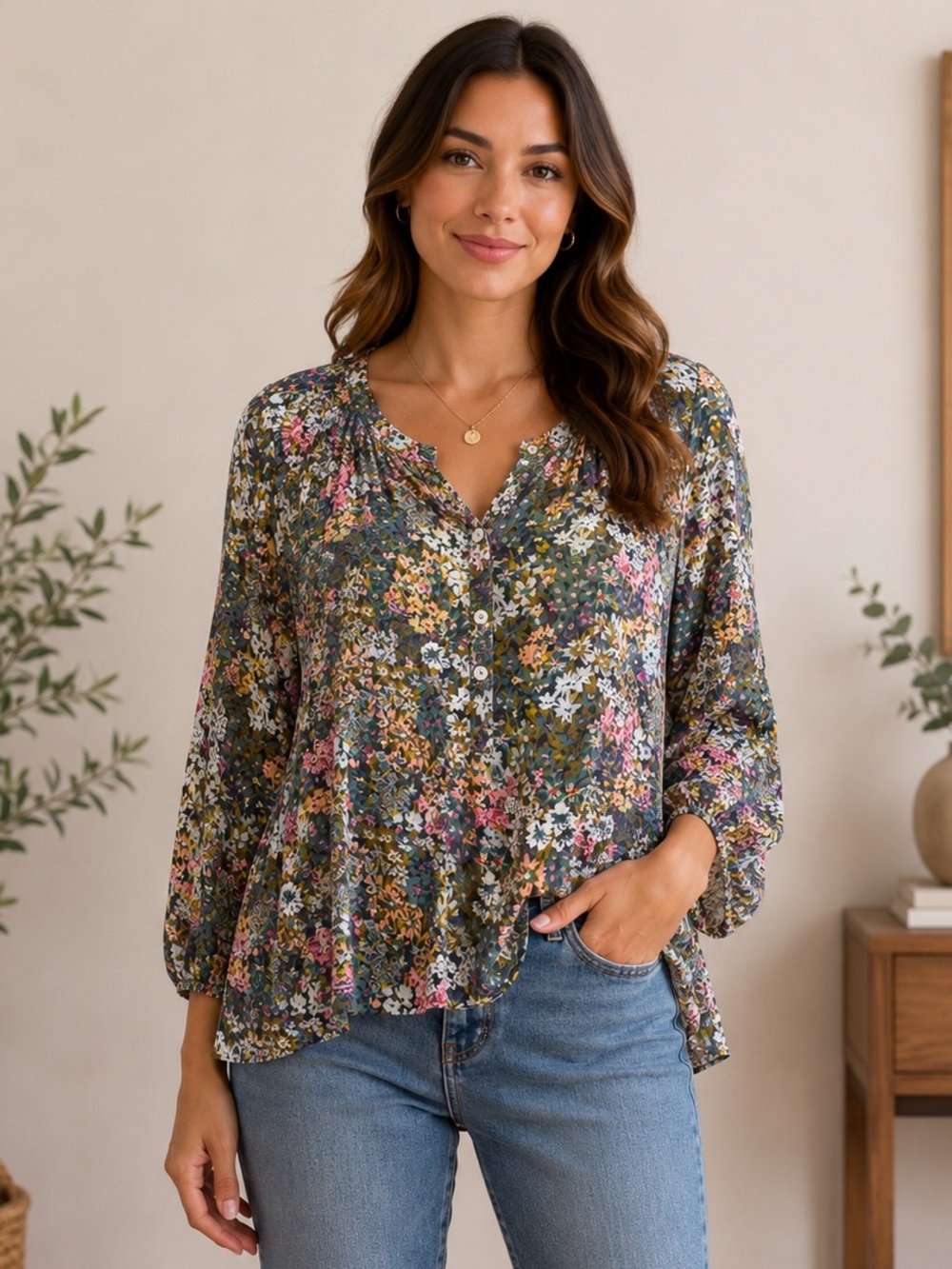 J. Jill Olive Floral Button-Front Blouse M